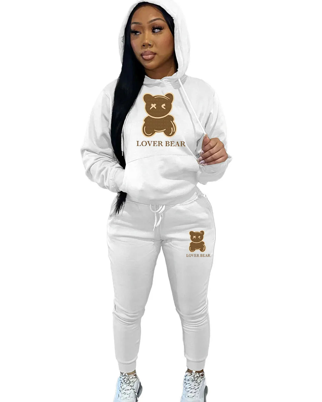 Bear Letter Print Kangaroo Pocket Tracksuit Set Long Sleeve Hoodie+Drawstring Trousers Women Two Pieces Matching Suits