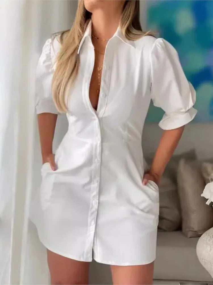 Chic Summer White Shirt Dress: Lantern Sleeves, High Waist, Casual Elegance