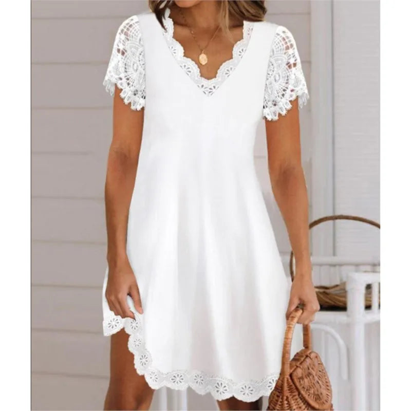 Chic Summer Lace Dress: Elegant White V-Neck, Short Sleeves, Loose Fit