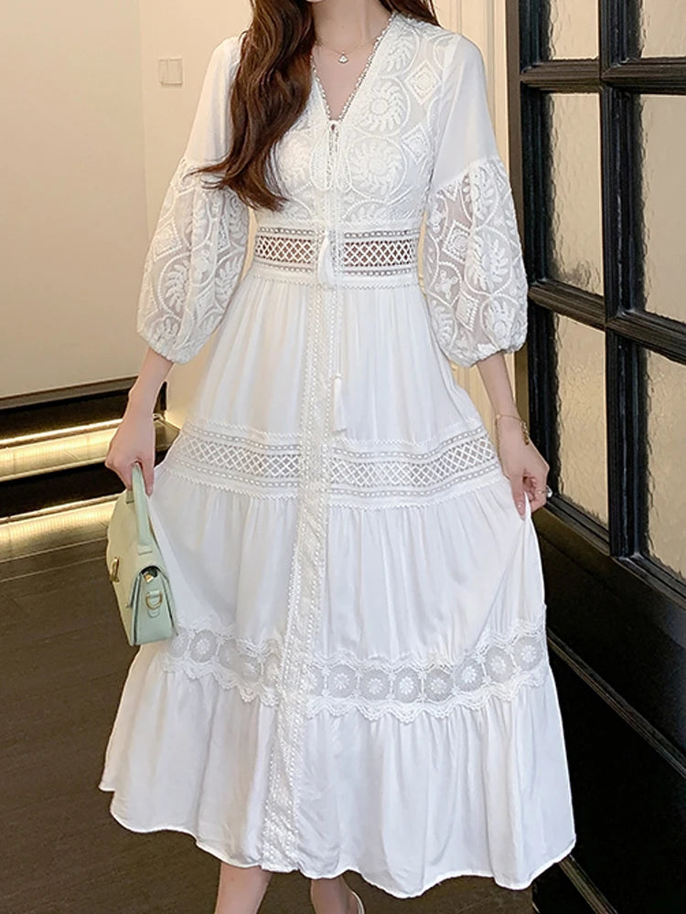 White Boho Lace Long Dress for Women - Summer Vintage Beach Style