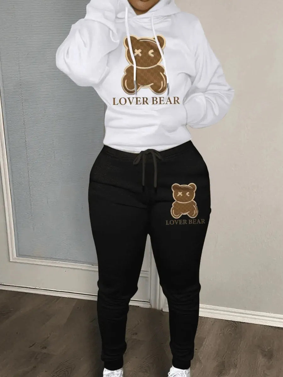 Bear Letter Print Kangaroo Pocket Tracksuit Set Long Sleeve Hoodie+Drawstring Trousers Women Two Pieces Matching Suits