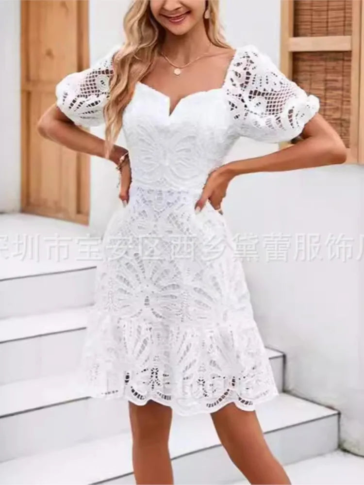 Summer New Chic Hollow Out White Party Dress Women New Sexy Lace Mini Dresses Female Vintage Elegant A-line Short Dresses