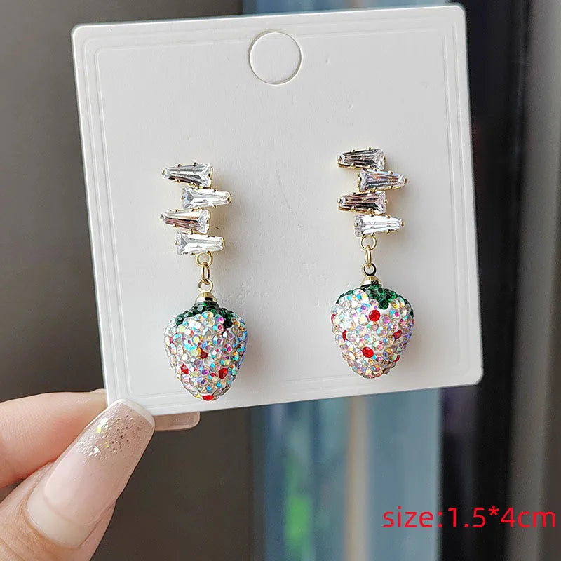 Trendy Strawberry Drop Earrings with Shiny Zircon Accents – Colorful Fruit-Inspired Jewelry for Women