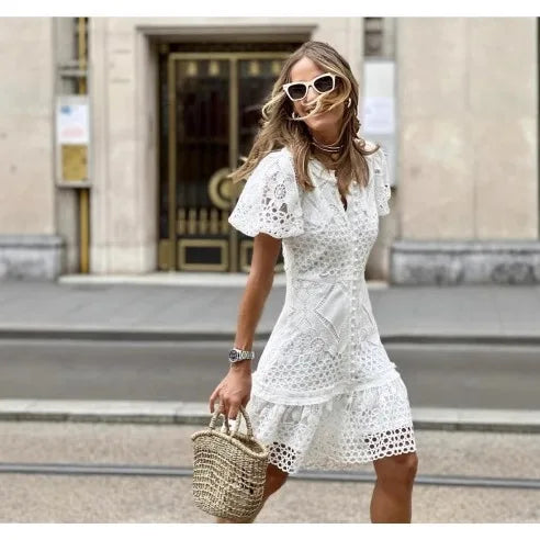 2025 Women's Elegant Lace A-Line Dress – V-Neck, Short Sleeve, Backless, Knee-Length – Casual, Party, Office Wear
