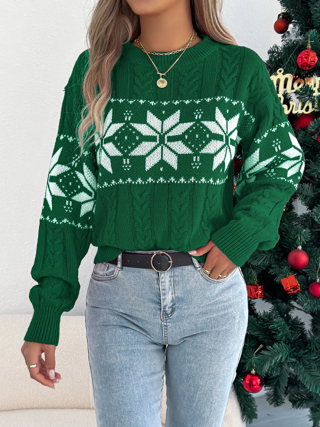 LUSMAY Women’s Christmas Snowflake Sweater – Autumn/Winter 2025 Casual Knit Pullover, Contrast Color, Round Neck, Long Sleeve