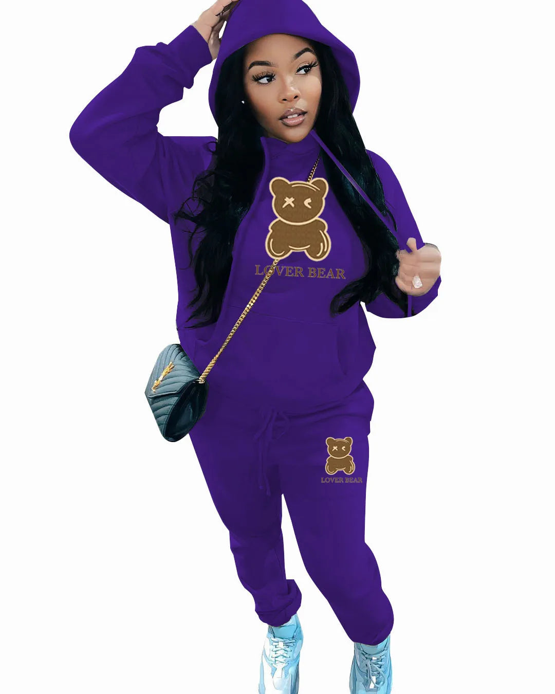 Bear Letter Print Kangaroo Pocket Tracksuit Set Long Sleeve Hoodie+Drawstring Trousers Women Two Pieces Matching Suits