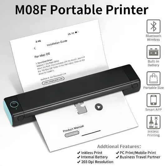 M08F A4 Portable Thermal Printer – Wireless Mobile & Travel-Friendly