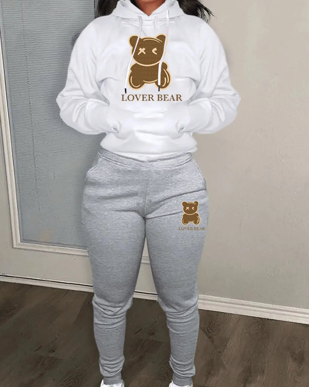 Bear Letter Print Kangaroo Pocket Tracksuit Set Long Sleeve Hoodie+Drawstring Trousers Women Two Pieces Matching Suits