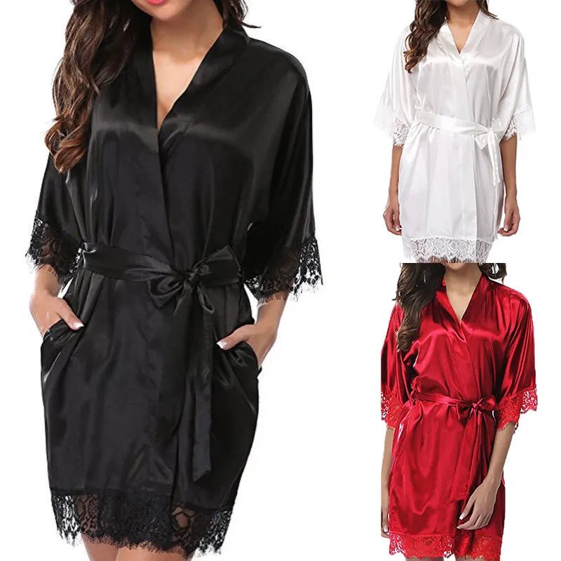 Women Iace Silk Pajamas Robes Sleepwear Nightgowns Half Sleeve