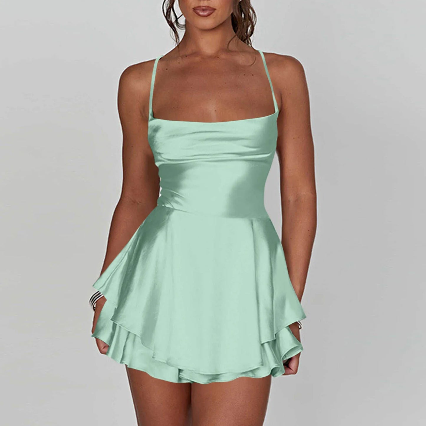 Women’s Satin Backless Mini Dress – Cowl Neck, Spaghetti Straps, Slim Fit Party Dress