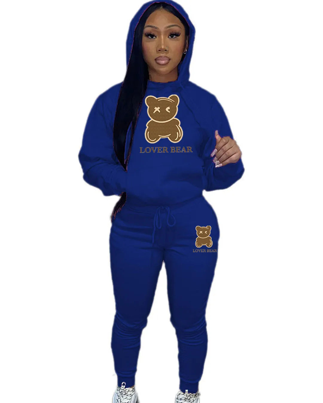 Bear Letter Print Kangaroo Pocket Tracksuit Set Long Sleeve Hoodie+Drawstring Trousers Women Two Pieces Matching Suits