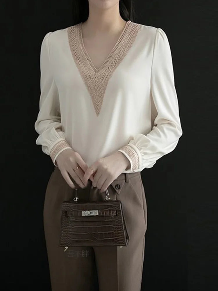 Elegant Fashion V-neck Embroidery Hollow Out Dignified Shirt