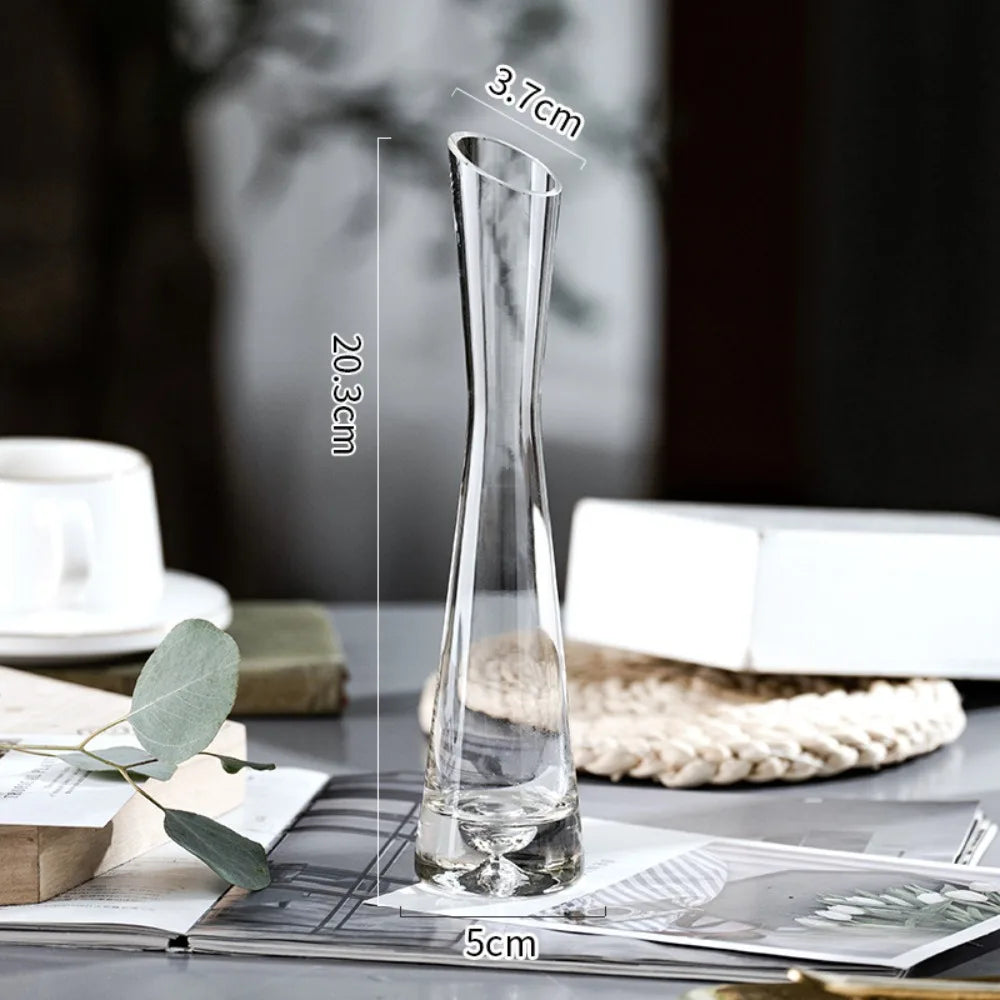 Modern European Transparent Glass Vase – Slanted Mouth Hydroponic Flower Vase for Home Decor, Table Centerpiece, Office & Living Room Decoration