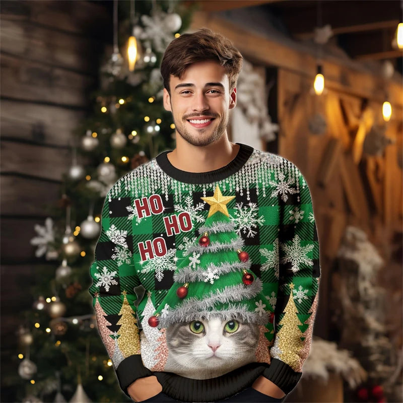2026 Men’s Christmas Ugly Sweater – 3D Santa, Jesus & Alpaca Print | Funny Holiday Crewneck Sweatshirt (XS–6XL)