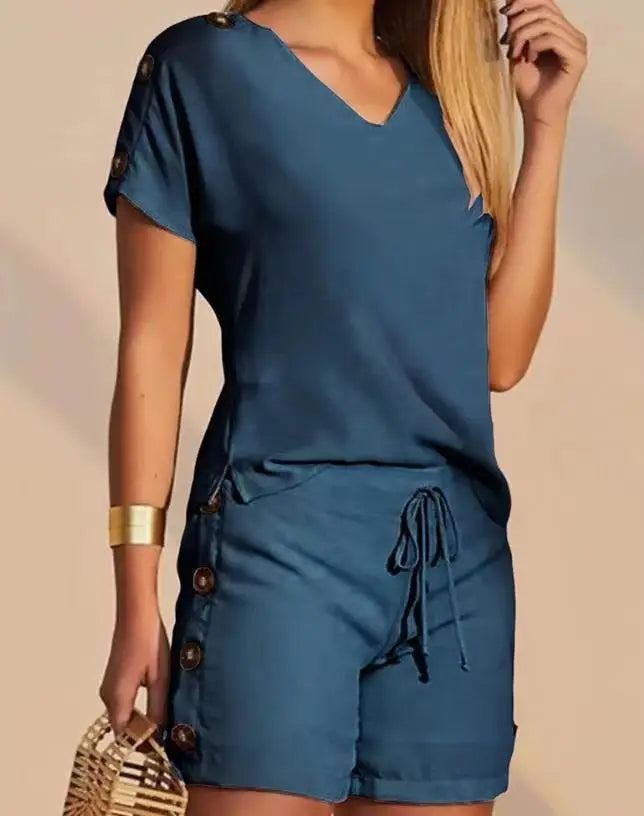 Kalenmos Women’s Summer 2-Piece Tracksuit – V-Neck Pullover Top & High-Waist Shorts with Pockets