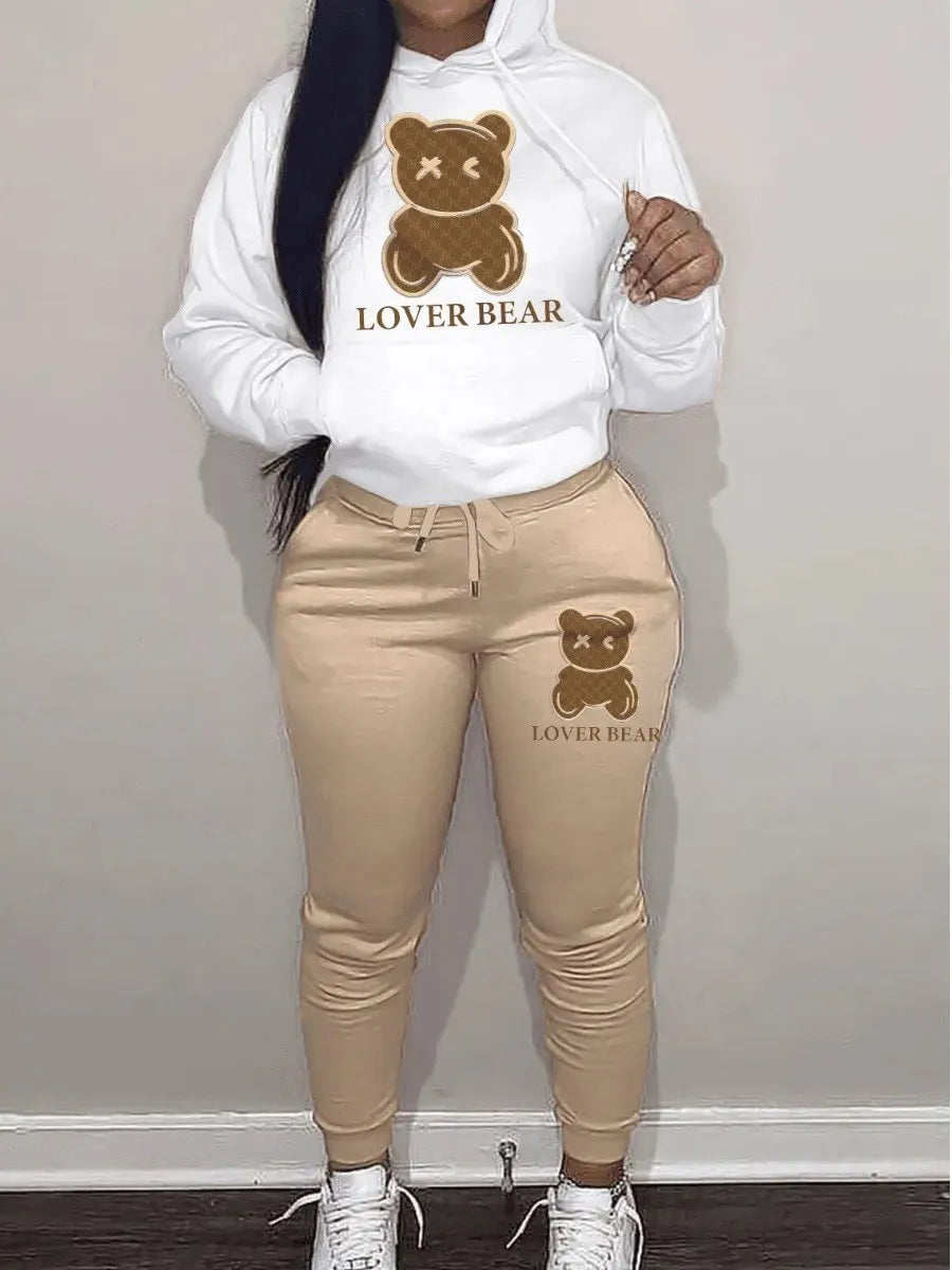 Bear Letter Print Kangaroo Pocket Tracksuit Set Long Sleeve Hoodie+Drawstring Trousers Women Two Pieces Matching Suits