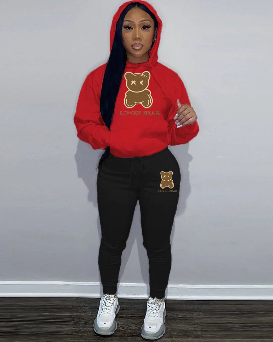 Bear Letter Print Kangaroo Pocket Tracksuit Set Long Sleeve Hoodie+Drawstring Trousers Women Two Pieces Matching Suits