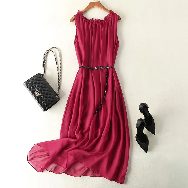 Summer Silk Beach Dress for Women - Korean A-Line Sleeveless Style