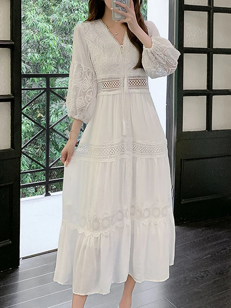 White Boho Lace Long Dress for Women - Summer Vintage Beach Style