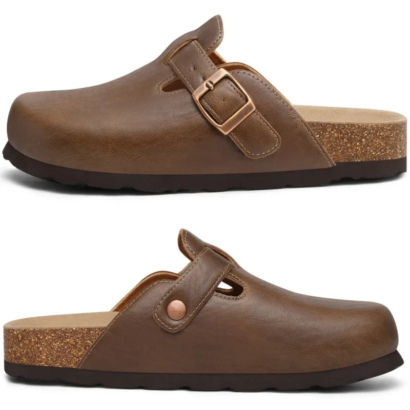 Kidmi New Men Sandals Vegan Leather Cork Insole Potato Shoes Unisex Adjustable Buckle Slip-On Clogs with Arch Support
