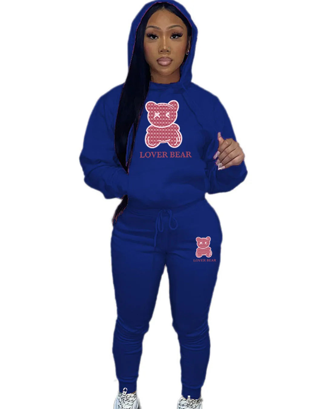 Bear Letter Print Kangaroo Pocket Tracksuit Set Long Sleeve Hoodie+Drawstring Trousers Women Two Pieces Matching Suits