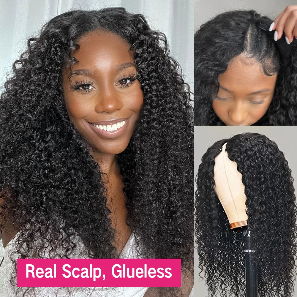 Curly V Part Wig Human Hair 250% Glueless - for Women Brazilian Remy Deep Wave 30 32 34 Inch Wig