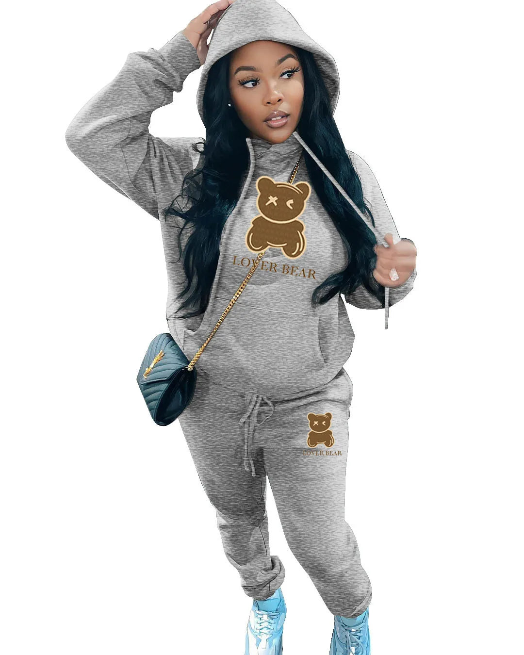 Bear Letter Print Kangaroo Pocket Tracksuit Set Long Sleeve Hoodie+Drawstring Trousers Women Two Pieces Matching Suits