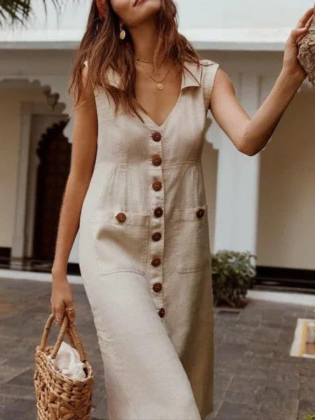 MsChuh Summer Linen Blend Midi Dress for Women – Sleeveless, Vintage-Inspired, Casual Chic