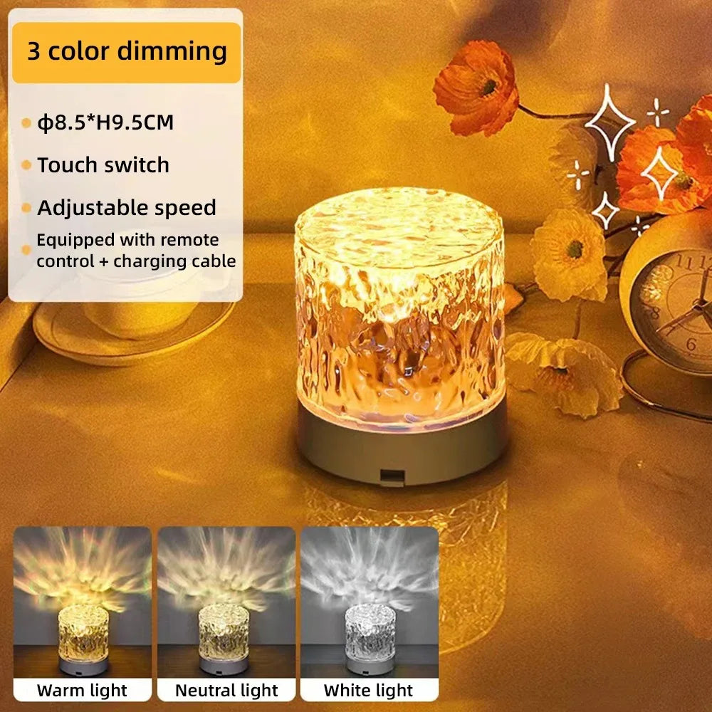 RGB LED Crystal Table Lamp – Rotating Water Ripple Projection & Dimmable Night Light