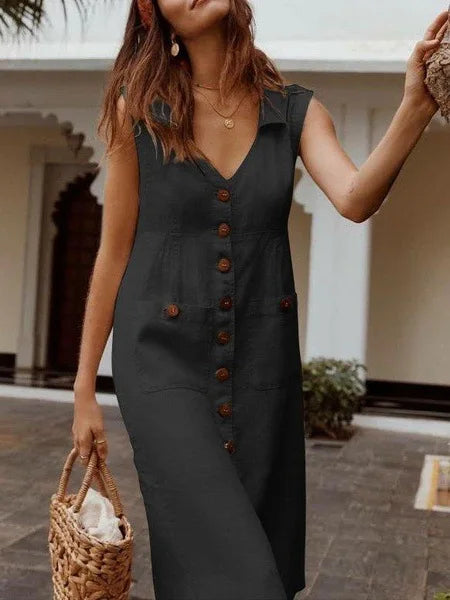 MsChuh Summer Linen Blend Midi Dress for Women – Sleeveless, Vintage-Inspired, Casual Chic