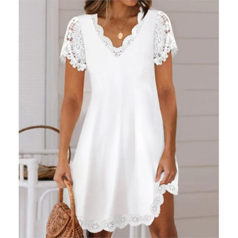 Chic Summer Lace Dress: Elegant White V-Neck, Short Sleeves, Loose Fit