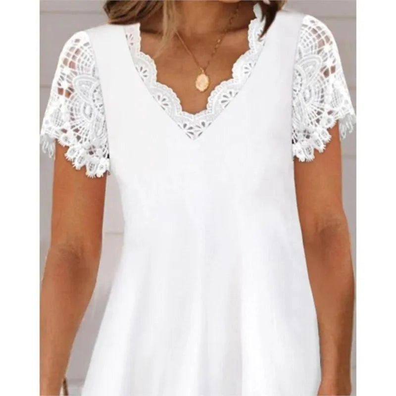 Chic Summer Lace Dress: Elegant White V-Neck, Short Sleeves, Loose Fit