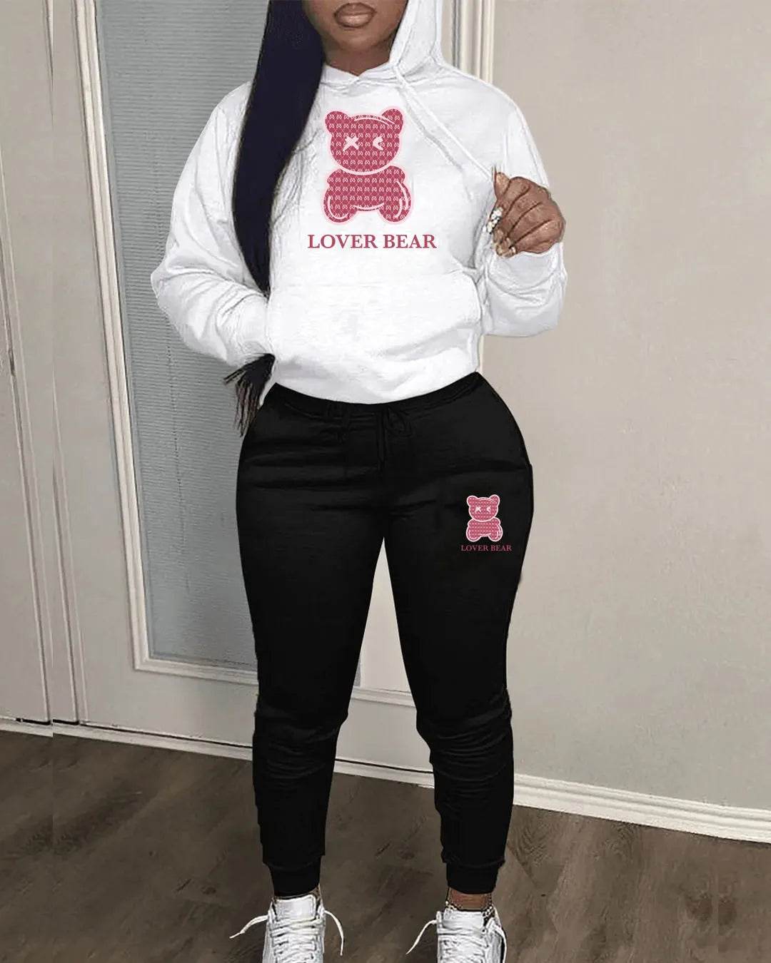 Bear Letter Print Kangaroo Pocket Tracksuit Set Long Sleeve Hoodie+Drawstring Trousers Women Two Pieces Matching Suits