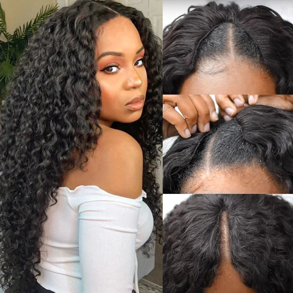 Curly V Part Wig Human Hair 250% Glueless - for Women Brazilian Remy Deep Wave 30 32 34 Inch Wig