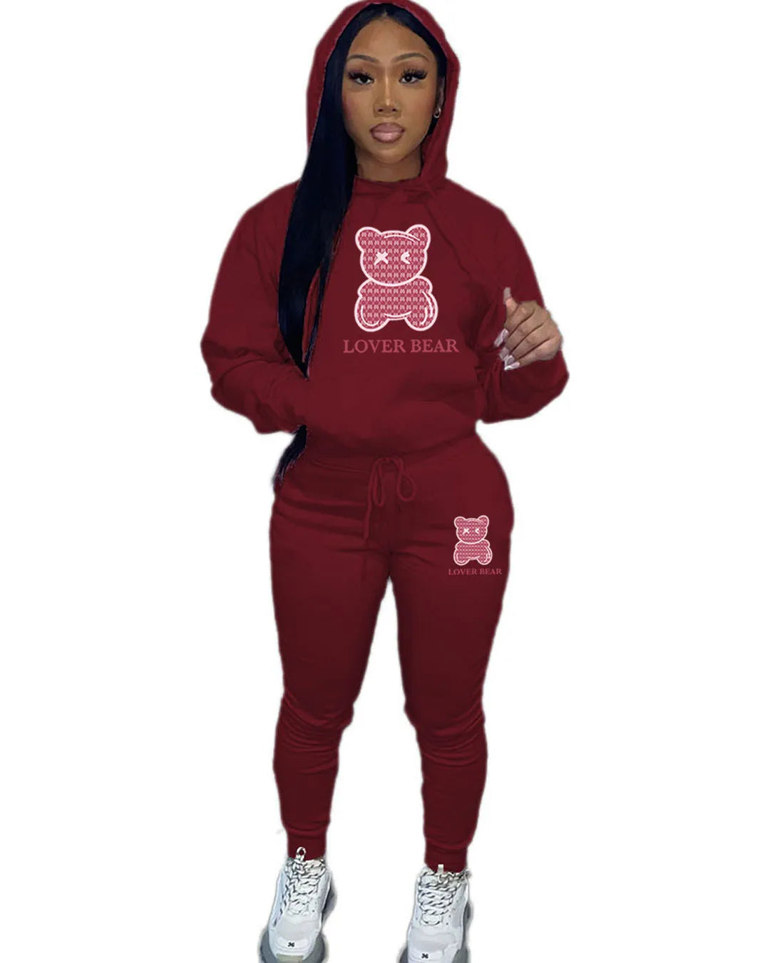 Bear Letter Print Kangaroo Pocket Tracksuit Set Long Sleeve Hoodie+Drawstring Trousers Women Two Pieces Matching Suits