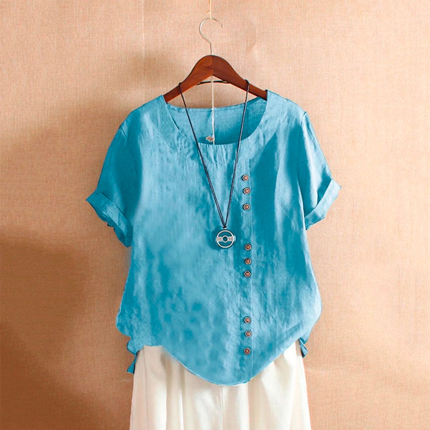 Summer Casual Linen Cotton Blouse Women / Elegant Button Short Sleeve Shirt