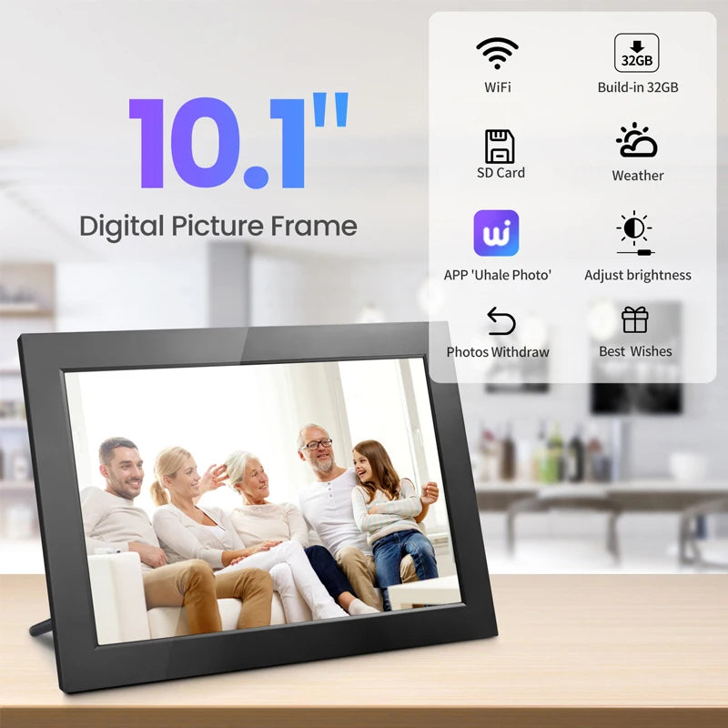 10.1-Inch WiFi Digital Photo Frame – 32GB Smart Frame with 1280x800 HD IPS Touch Screen, Video Playback, MP3, Calendar Function, and 350 Lumens Brightness – Perfect Gift