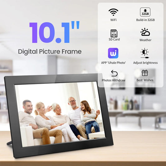 10.1-Inch WiFi Digital Photo Frame – 32GB Smart Frame with 1280x800 HD IPS Touch Screen, Video Playback, MP3, Calendar Function, and 350 Lumens Brightness – Perfect Gift