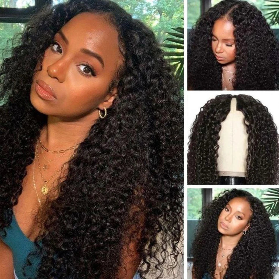 U Part Human Hair Wigs Jerry Curly Brazilian Hair Wigs Natural Black