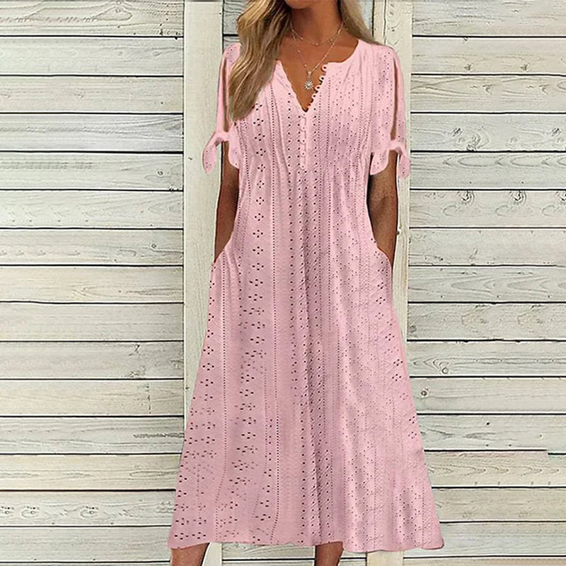 Hollow Out Lace Long Dress for Women - Summer 2024 V-Neck Casual Beach Dress