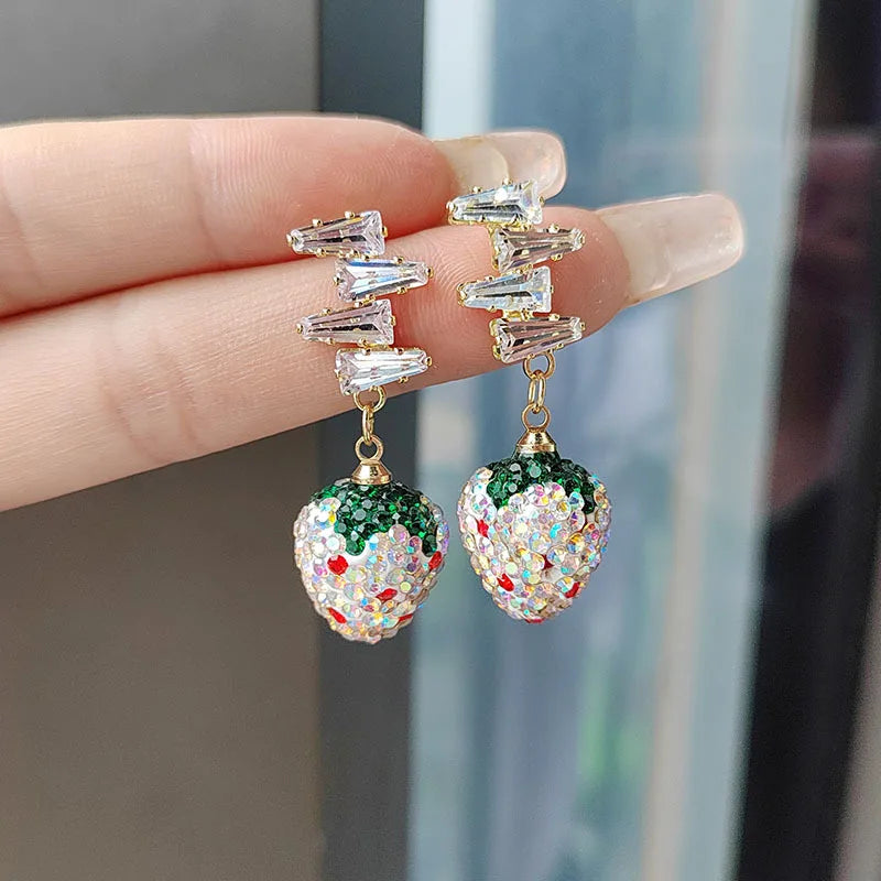 Trendy Strawberry Drop Earrings with Shiny Zircon Accents – Colorful Fruit-Inspired Jewelry for Women