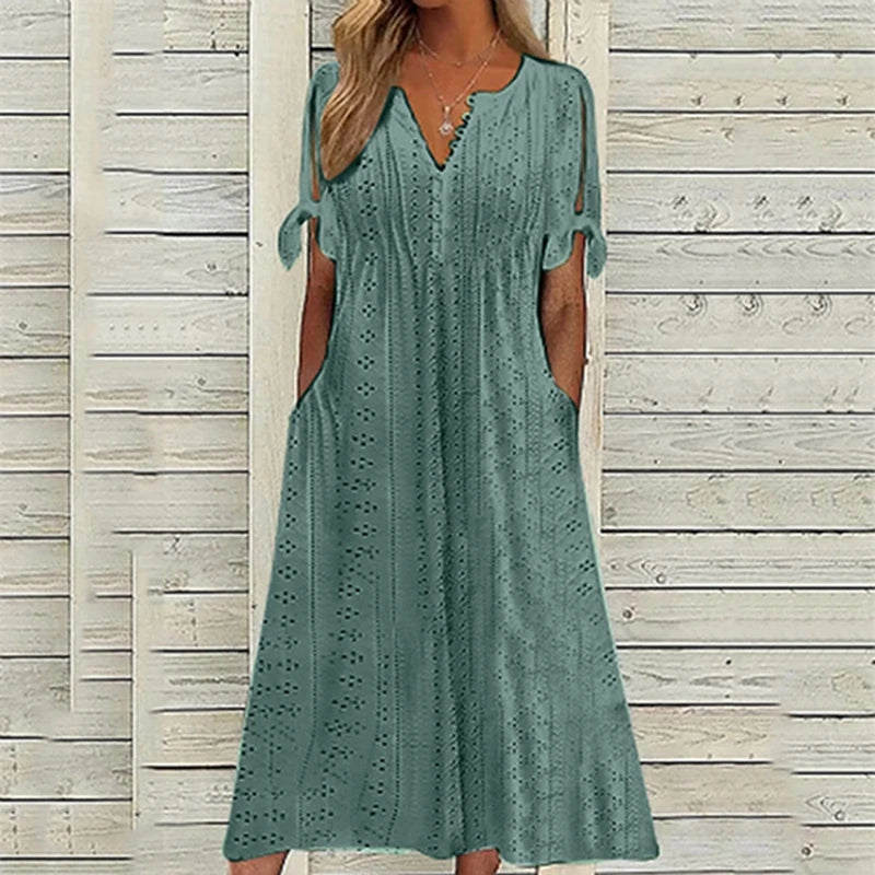 Hollow Out Lace Long Dress for Women - Summer 2024 V-Neck Casual Beach Dress