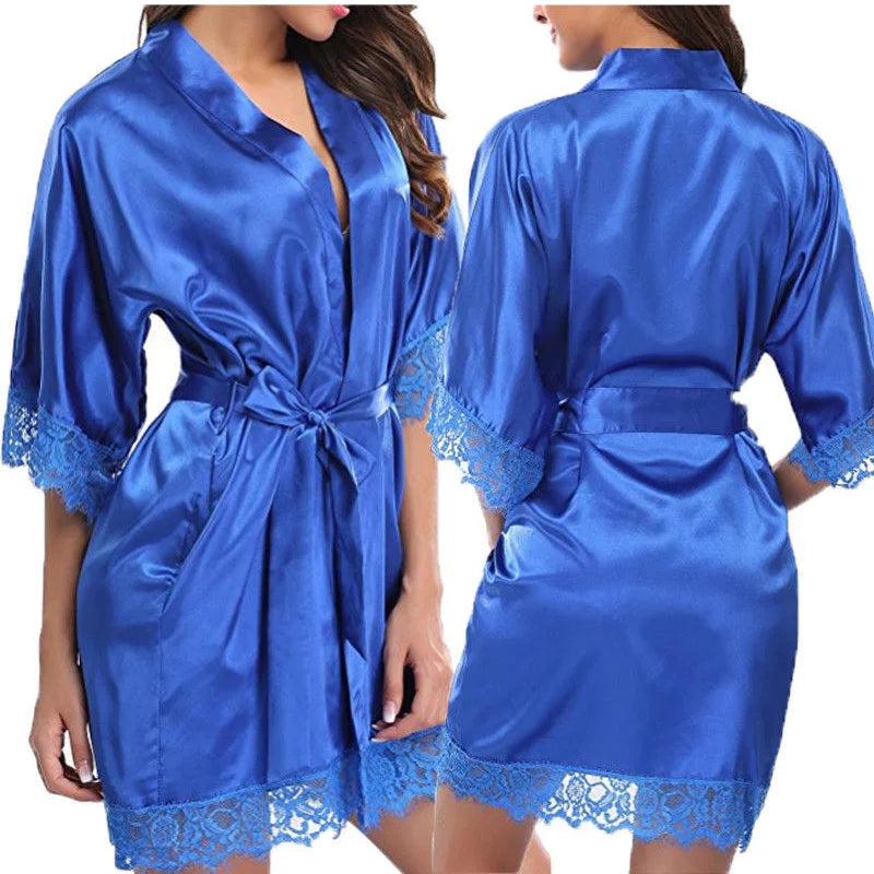 Women Iace Silk Pajamas Robes Sleepwear Nightgowns Half Sleeve