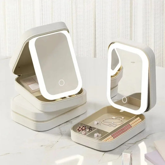 Portable Makeup Storage Box with LED Mirror – Travel Cosmetic Organizer with Touch Light