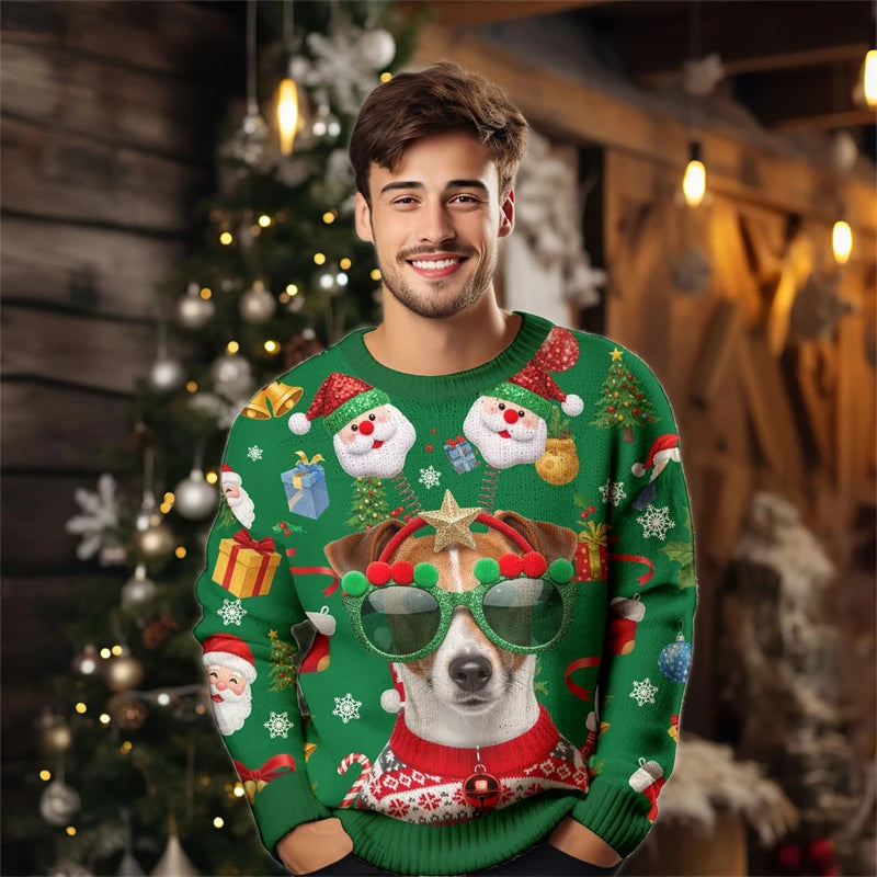 2026 Men’s Christmas Ugly Sweater – 3D Santa, Jesus & Alpaca Print | Funny Holiday Crewneck Sweatshirt (XS–6XL)
