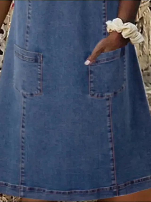 Women’s Casual V-Neck Denim A-Line Dress – Short Sleeves, Pockets, All-Season, Loose Fit Mini Dress