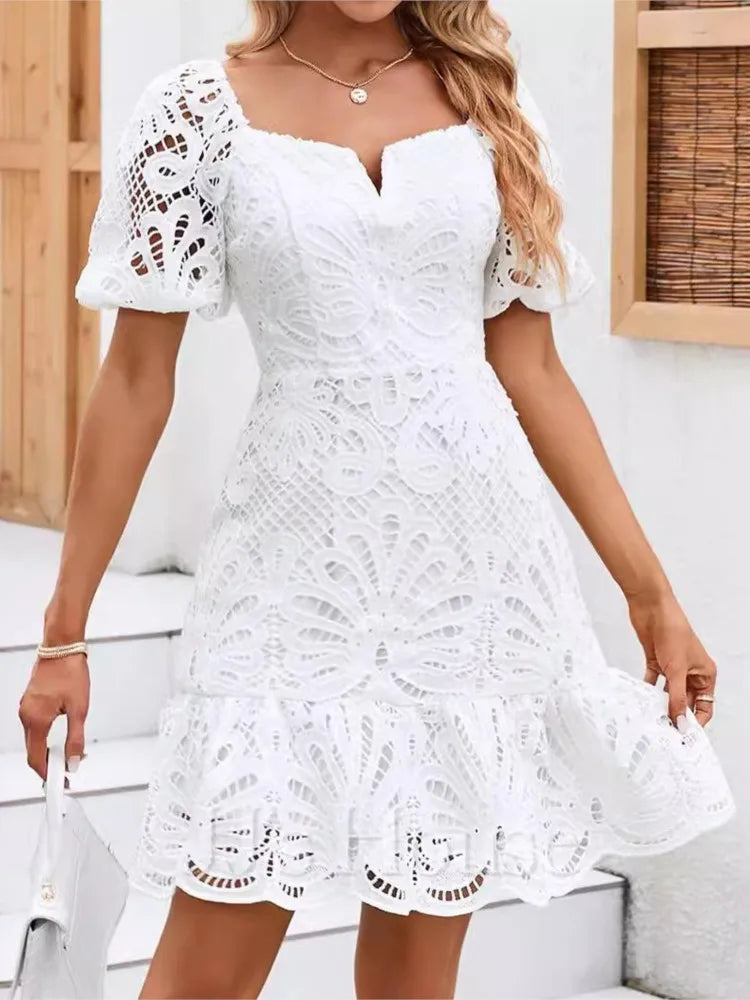 Summer New Chic Hollow Out White Party Dress Women New Sexy Lace Mini Dresses Female Vintage Elegant A-line Short Dresses