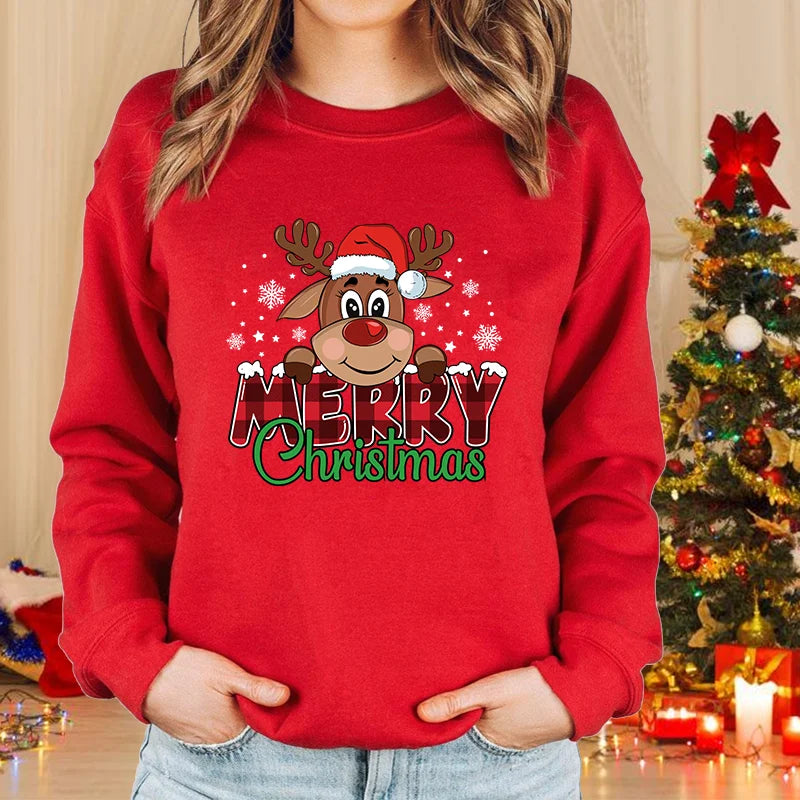 Women’s Merry Christmas Elk Sweatshirt – Cute Holiday Pullover, Fleece-Lined, Casual Winter Knit Top