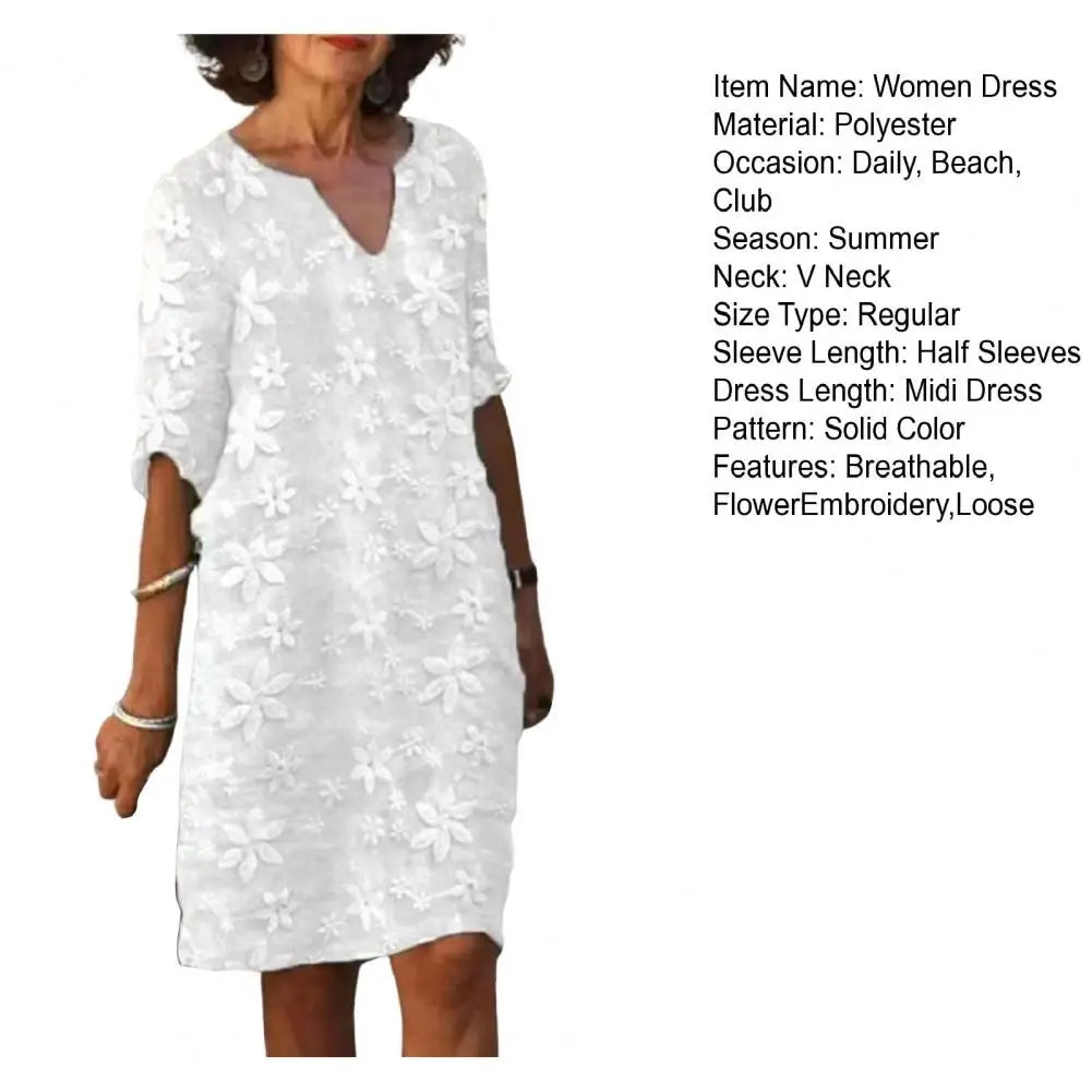 Female Beach Dress V Neck Half Sleeves Flower Embroidery Pullover  - Elegant Casual Wear White Color Women Summer Loose Casual Midi