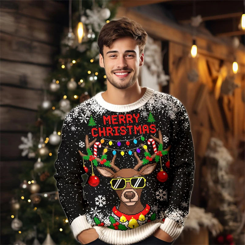 2026 Men’s Christmas Ugly Sweater – 3D Santa, Jesus & Alpaca Print | Funny Holiday Crewneck Sweatshirt (XS–6XL)